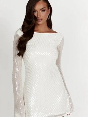 Meshki White Sequin Long-Sleeve Backless Mini Dress